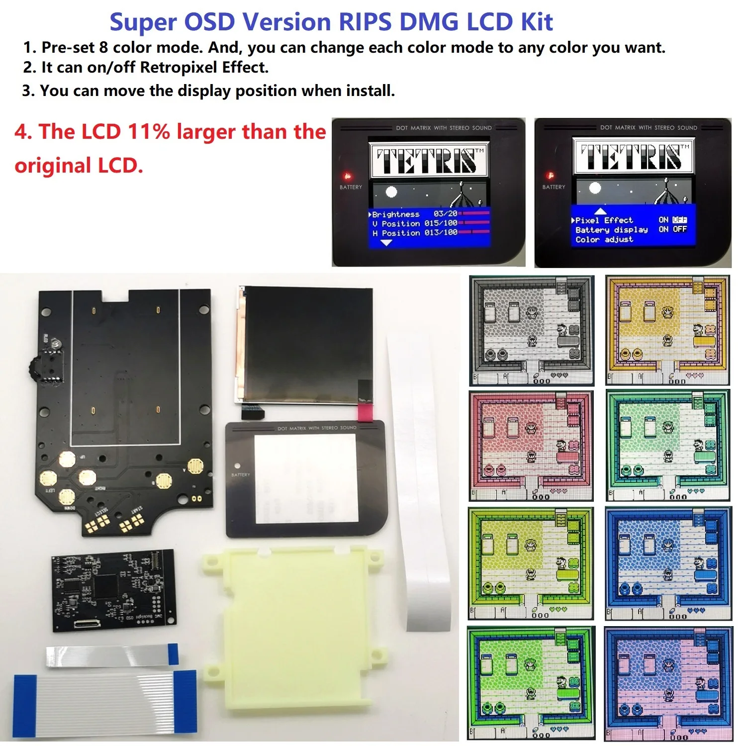 Q5 Version Super OSD RIPS Highlight Backlight LCD Mod/Pre-cut Shell Case/Speaker For Game Boy DMG GB Console