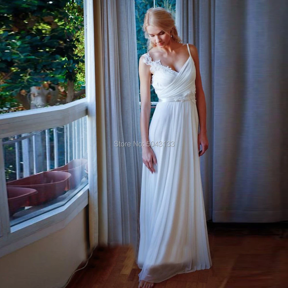 

Asymmetrical Appliques Shoulder Spaghetti Straps Wedding Dresses 2019 Pleated V-Neck A Line Beach Chiffon Bride Dress with Sash