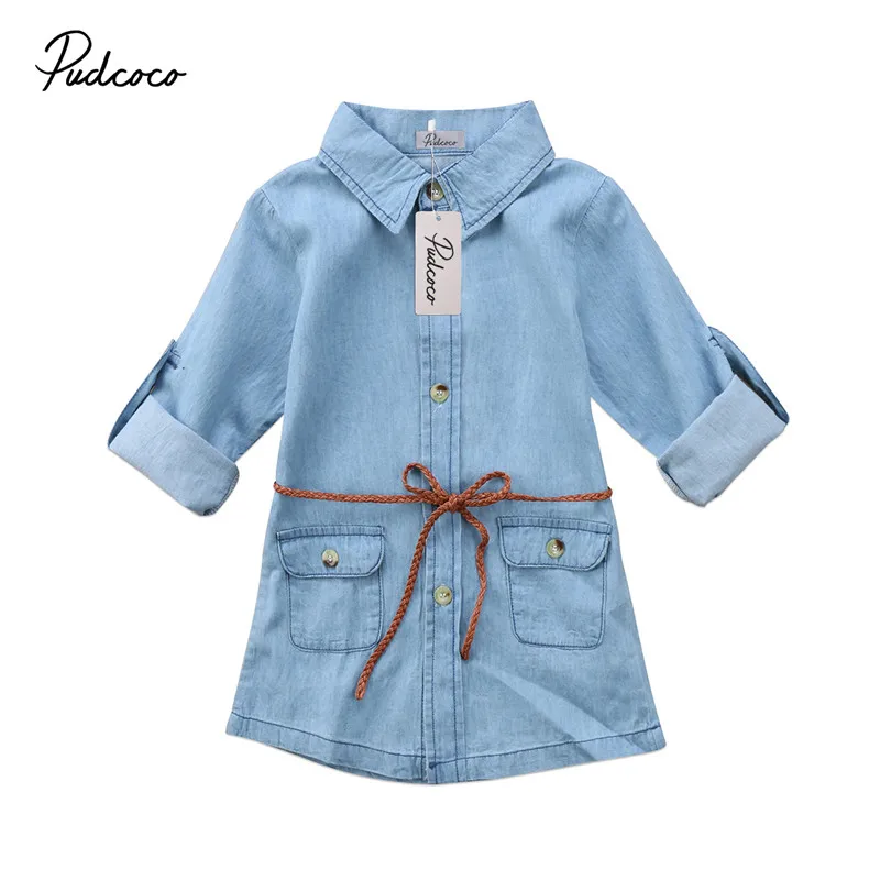 Children Dresses For Girls Kids Girl Clothes Jeans Denim Summer Long Sleeve Pocket Loose Mini Dress 2-7T | Детская одежда и обувь