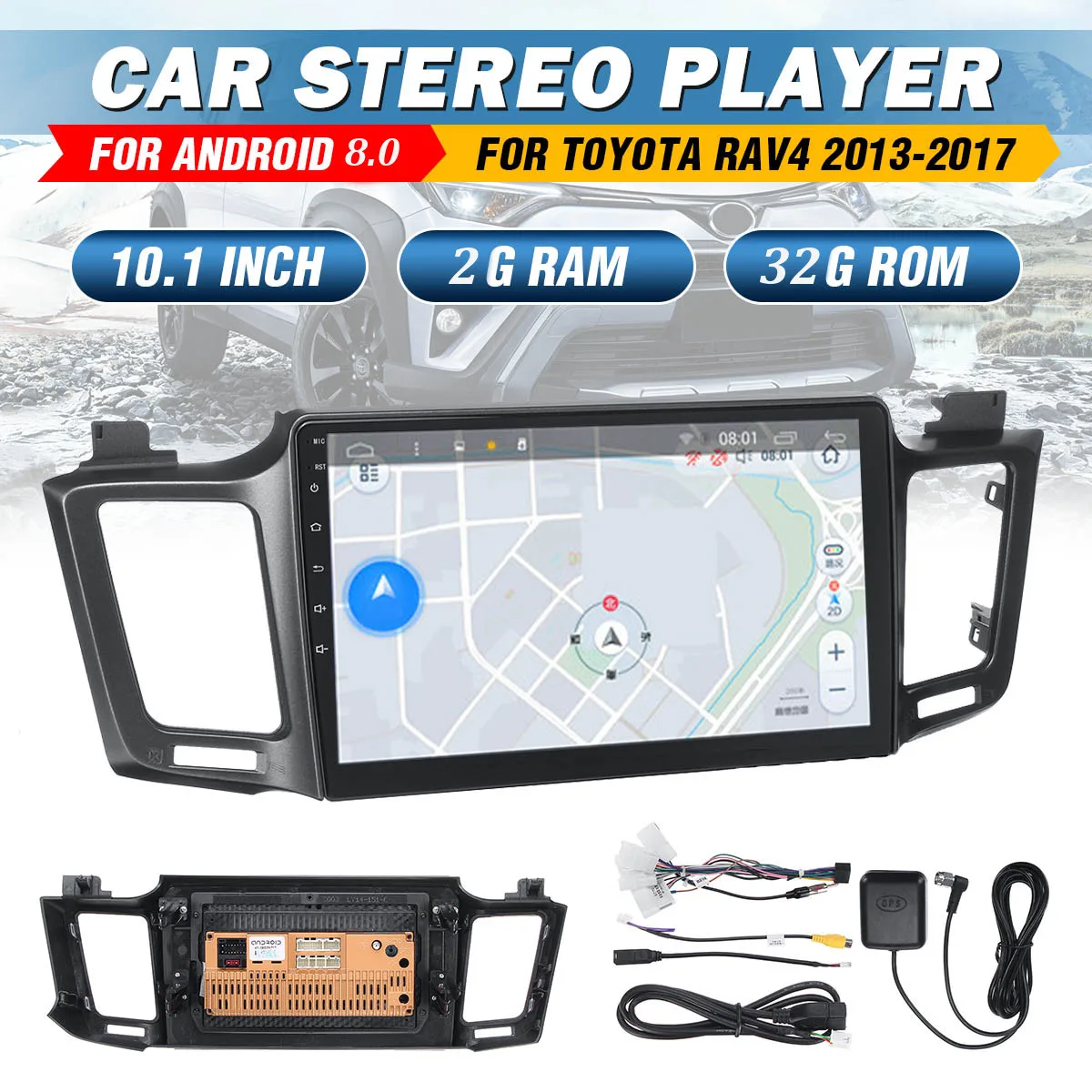 Discount 10.1 Inch 2 DIN for Android 8.0 Car Stereo 2+32G Quad Core MP5 Player GPS WIFI FM AM Radio for Toyota RAV4 2013-2017 2