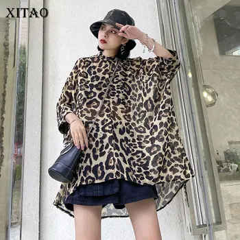 

XITAO Leopard Women Blouse Vintage Plus Size Loose Elegant Goddess Fan Single Breast Chiffon Goddess Fan Casual Shirt DMY4669