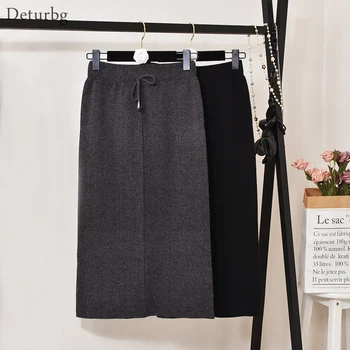

Women's Elegant Lace-up Midi Skirt Female Korean Casual High Waist Knitted Black Splits Straight Skirts Saias 2019 Winter SK465