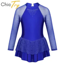 ChicTry дети подростков Блестящий горный хрусталь с длинными рукавами гимнастика трико Девушки Балетная фигурка катание платье костюм для танцев выступлений