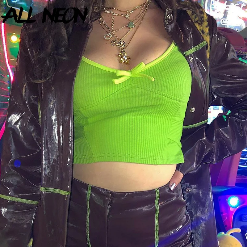 

ALLNeon E-girl Ribbed Bow Green T-shirts Skinny Square Collar Short Sleeve Crop Tops Vintage Knitted Ladies Tops Streetwear New