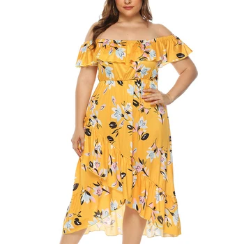 

Print Summer Dress Women Off Shoulder Dresses Ruffle Plus Size Dress Beach sundress Sexy vestido Ladies Fashion Sleeveless Dress