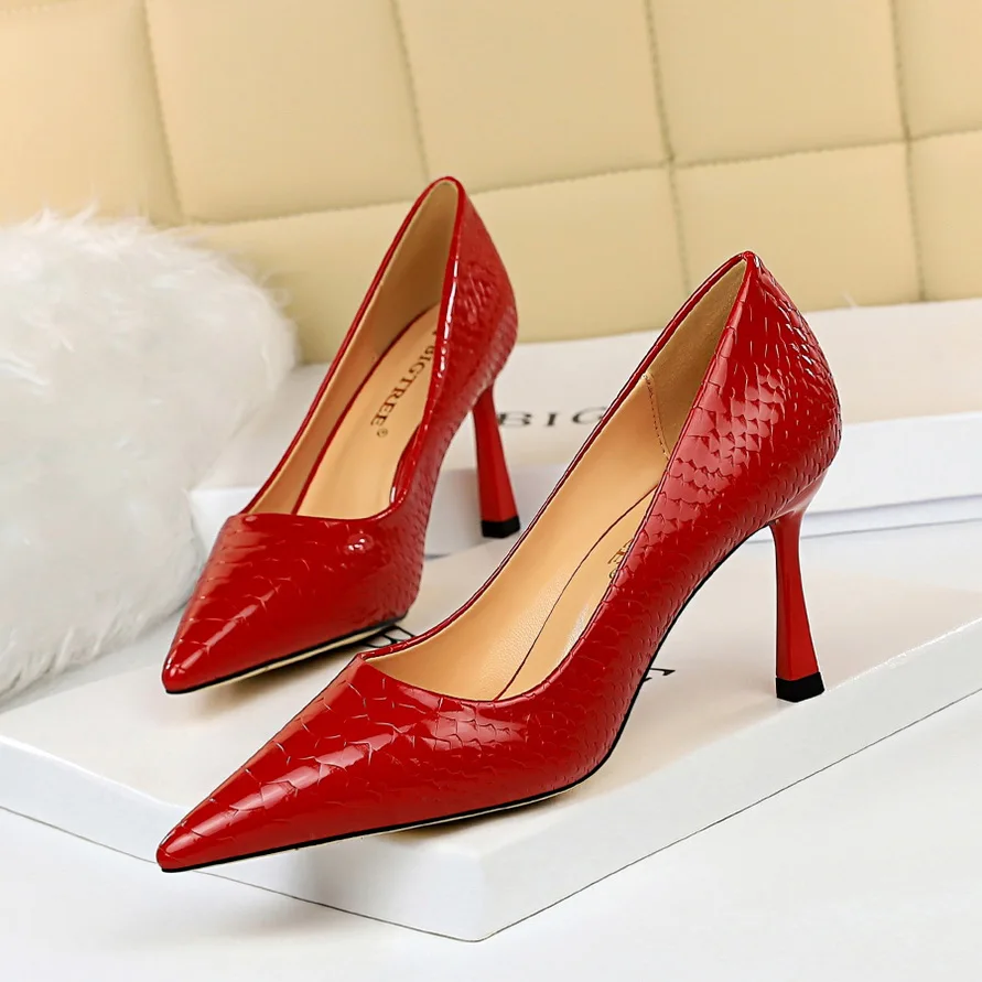 Sexy Women Snake Skin Embossed High Heel Shoes Glossy Patent Leather Heels Fashion Ladies Extremely Stilettos Pumps | Обувь