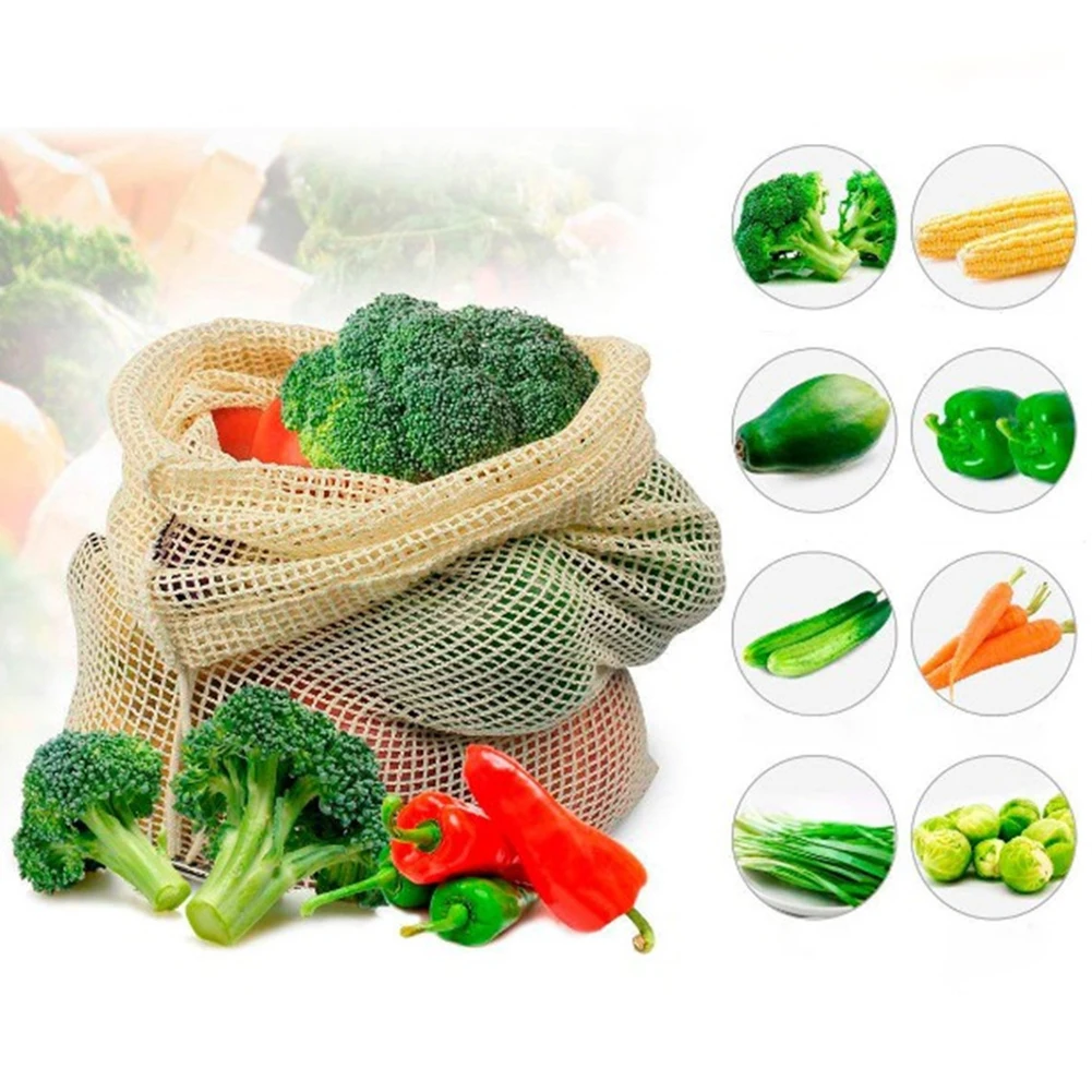 New 2Pcs Reusable Cotton Mesh Drawstring Washable Fruit Vegetable Storage Bag Pouch