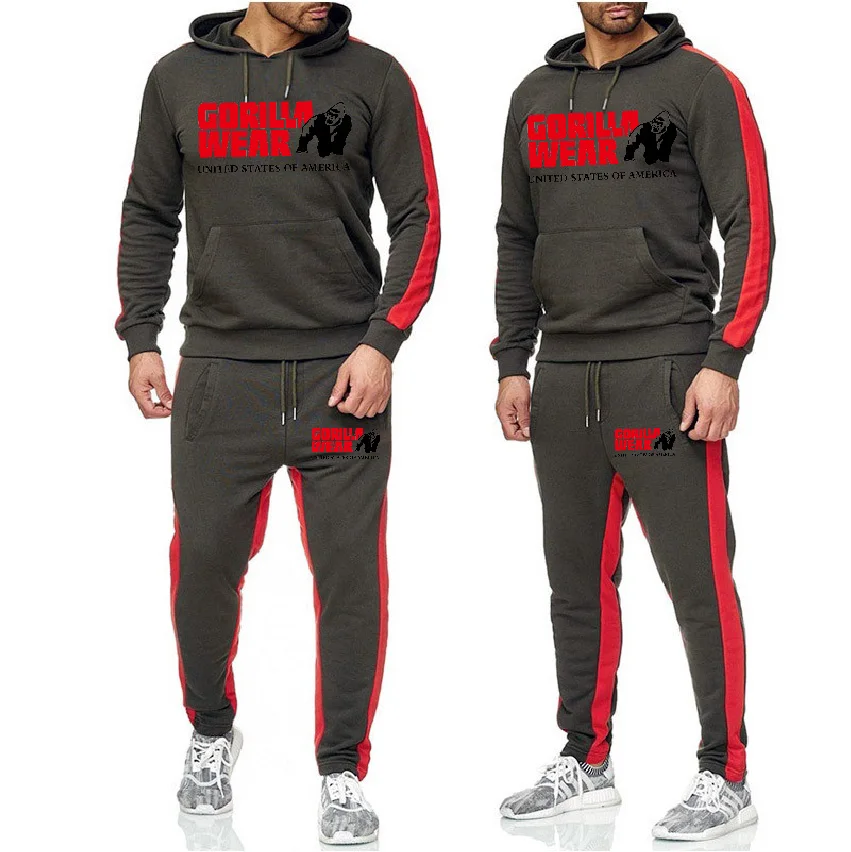 Dark grey-black Новинка, мужская одежда GORILLA, флисовый пуловер с капюшоном, модные брендовые толстовки с капюшоном, толстовки+ спортивные штаны, костюмы, Толстовка - Цвет: Dark grey-black