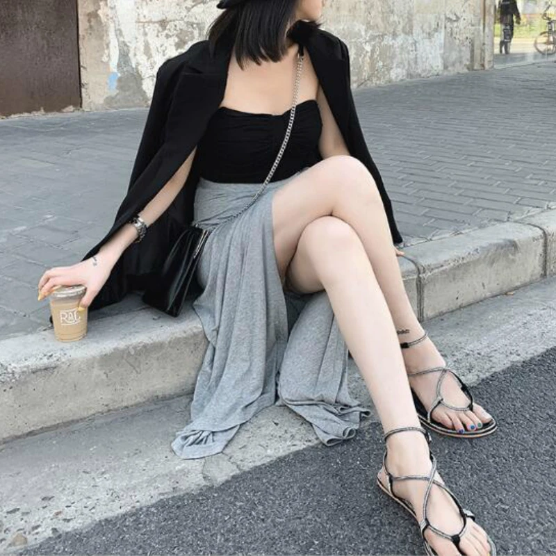 Modal Knitting Long Skirts Elastic Waist Sashes Soft Cotton Jersey Split A-line Ankle Long Skirts