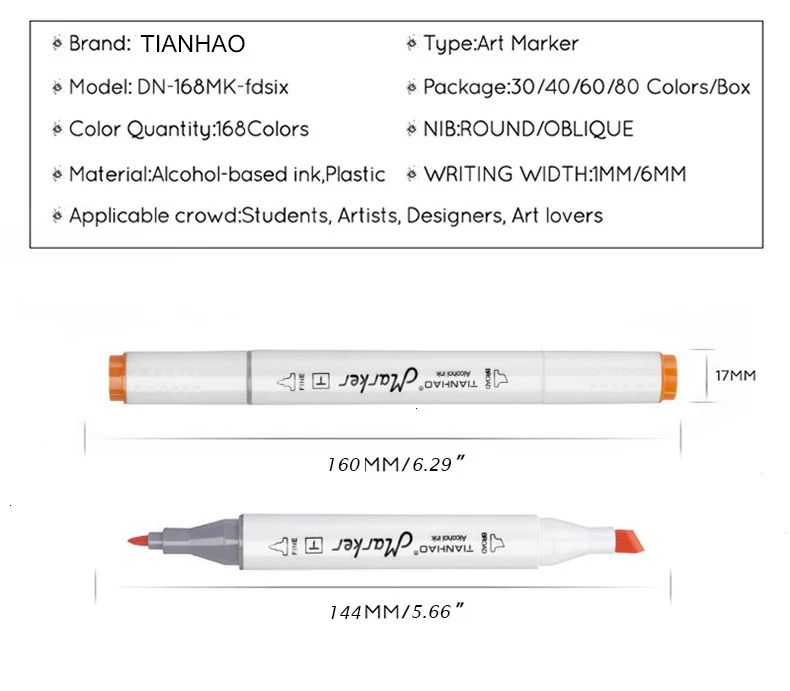 TianHao, 168 цветов, профессиональные маркеры для эскизов на спиртовой основе, двойная головка, кисть, маркеры, ручка для рисования, манга, товары для рукоделия, маркеры