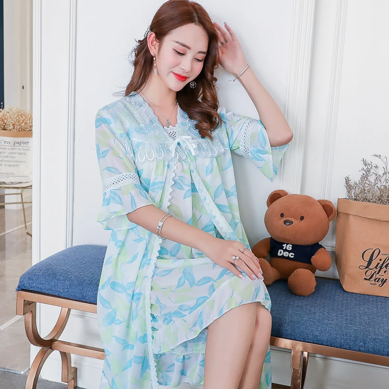 Комплект женский шифоновый из 2 предметов ночная рубашка кимоно халат пикантная