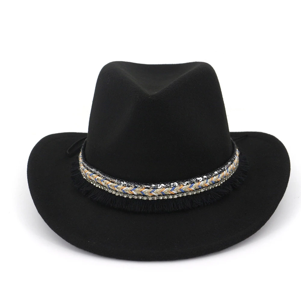 Мужская Женская шерстяная ковбойская шляпа Weatern с бахрома на ленте Sombrero Hombre широкий джазования с полями шляпа размер 56-58 см - Цвет: Black