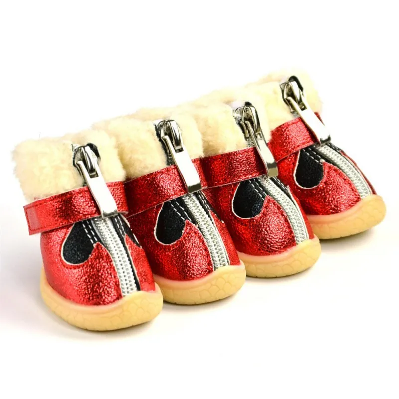 Теплый полиуретановый зеркальный водонепроницаемый собачий кожаный обувь для маленьких средних собак, щенков, осенне-зимняя противоскользящая обувь - Цвет: Красный