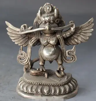 

13CM Tibet Buddhism Silver Redpoll Winged Garuda Bird Eagle Buddha Statue