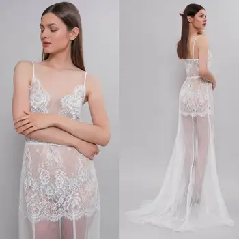 

2020 Spaghetti Straps BathRobe with Lace Transparent Night Robe Custom Made Backless Sleepwear Nightgown Robes Homedress