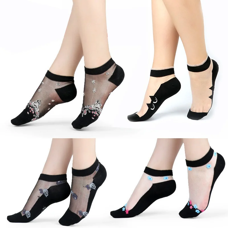 

glass crystal cotton bottom sexy invisible silk boat Mesh Fishnet Transparent Ankle Net Yarn Thin Women Cool Socks