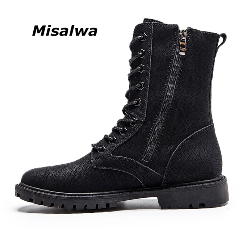 Misalwa/мужские мотоциклетные ботинки, выше размера 38-50 теплые зимние мужские ботинки из натуральной коровьей кожи до середины икры на меху военные ботинки на молнии
