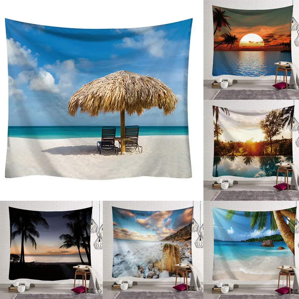 

New Tapestry Wall Hanging Polyester Seaside Landscape Pattern Blanket Tapestry Home Decoration Art