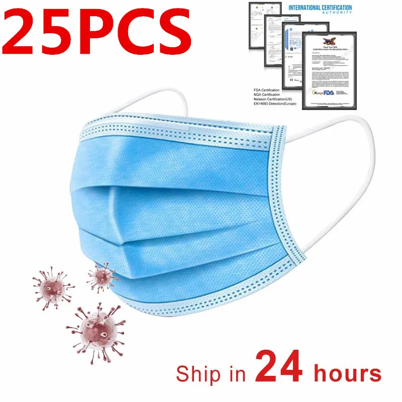 

25 PCS Anti-Pollution 3 Laye Mask Dust Protection Mask Disposable Face Masks Elastic Ear Loop Disposable Dust Filter Safety Mask