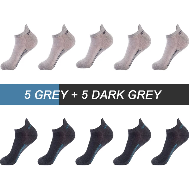 10Pairs High Quality Men Ankle Socks Breathable Cotton Sports Socks Mesh Casual Athletic Summer Thin Cut Short Sokken Size 38-44 5 Grey 5 Dark grey