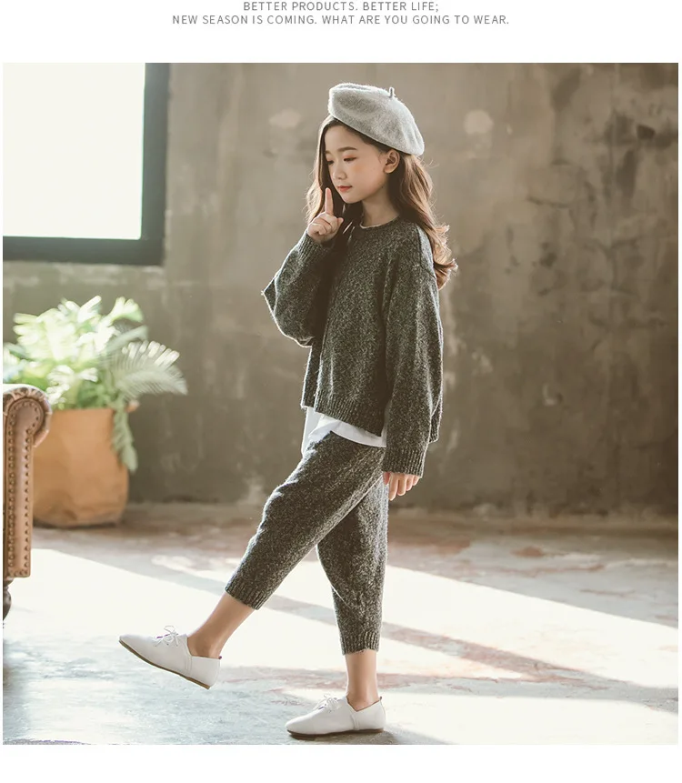 2pcs Knit Set Back To School Clothing Girls Autumn Winter Two Pieces Sets Girl Suit Knitted Sweater And Knitting Pants Fashion (13)