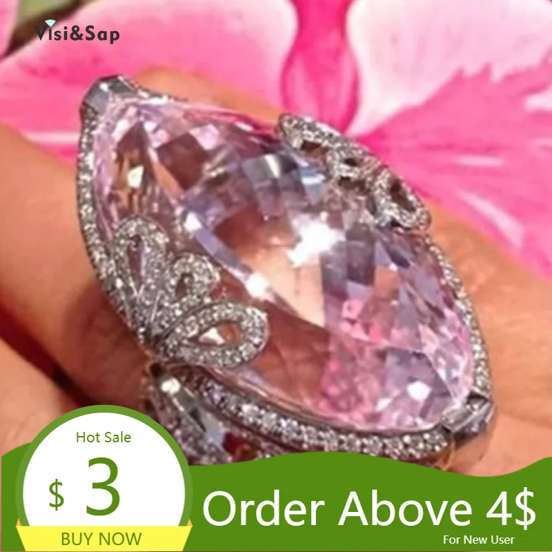 Visisap 10ct Large Pink Crystal Zircon Rings for Women Icedout Geometric Ring Anniversary Birthday Party Gifts Jewelry H015 | Украшения и
