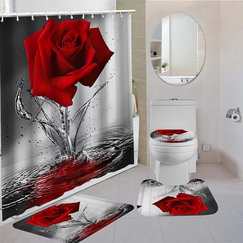 Rose Flower Shower Curtain Set Non-Slip Rugs Bath Mat Toilet Lid Cover and 12 Hooks Waterproof Polyester Bathroom Decor | Дом и сад
