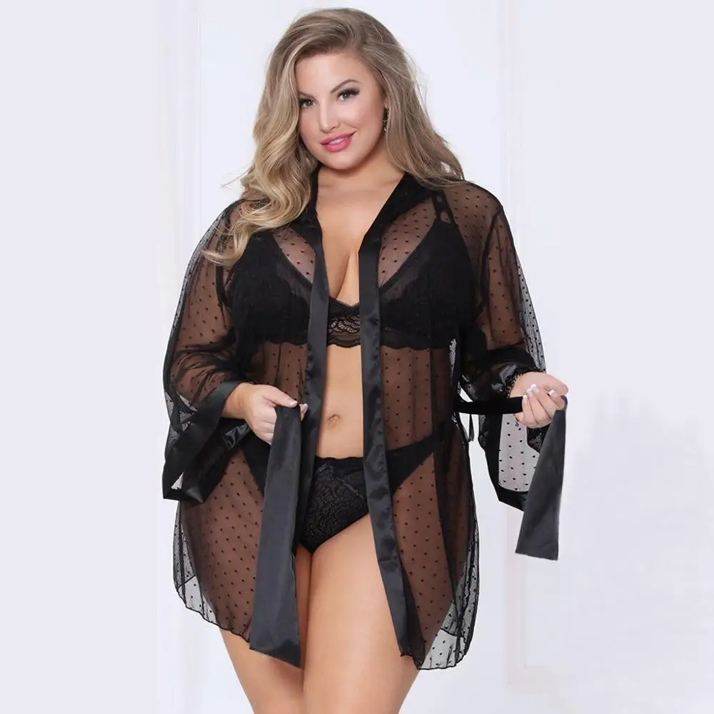 

Sexy Lingerie Wedding robes Plus Size Dot Mesh Robe Women Nightwear Bathrobe Underwear Sleepwear Pajamas batas de seda mujer #25