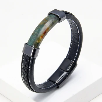 Luxury Natural Stone Men Black Braided Leather Bracelet Stainless Steel Magnetic Buckle Trendy Charm Bracelet Homme Jewelry