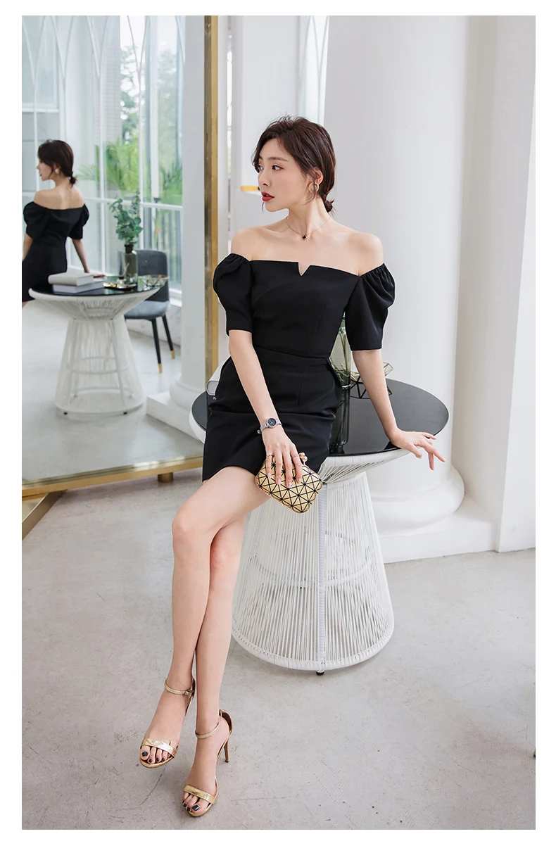 YIGELILA/летнее модное черное платье-футляр однотонное платье с квадратным воротником, пышные рукава, платье выше колена 65057