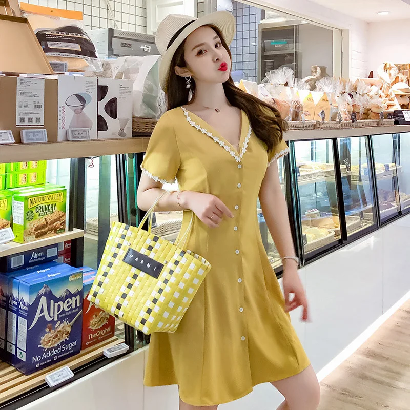 

France Non-mainstream Retro 19 Summer Yellow Small White Flowers Decoration Slimming Beach Seaside GIRL'S Dress