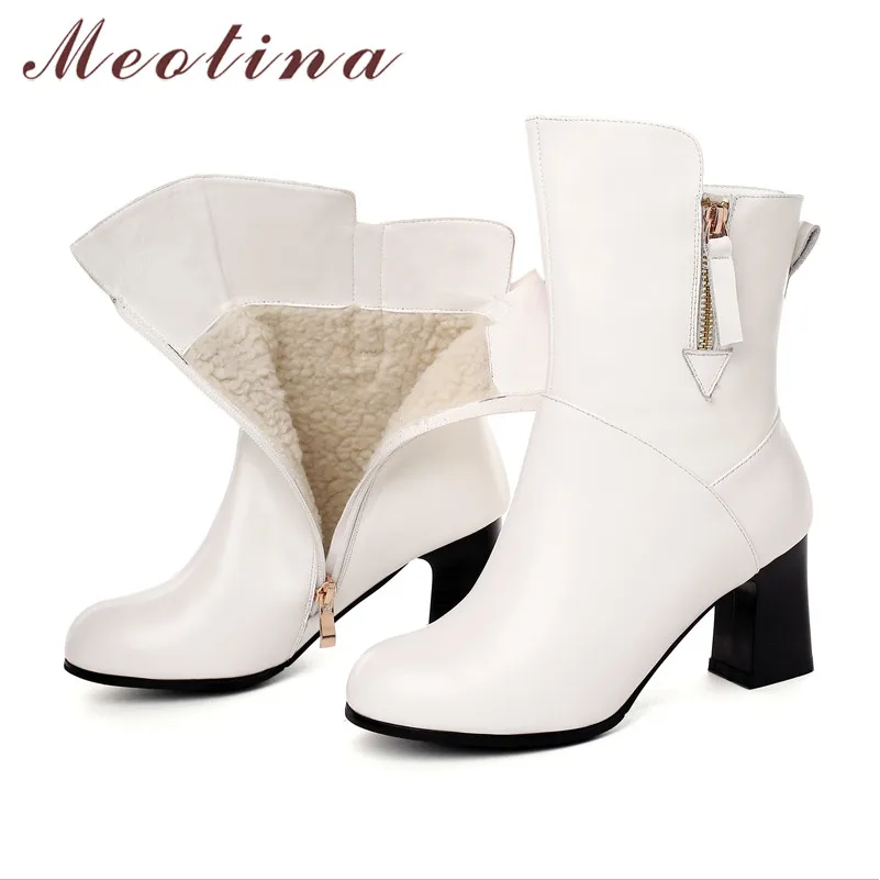 

Meotina Winter Warm Plush Snow Boots Women Natural Genuine Leather Thick High Heel Ankle Boots Zipper Round Toe Shoes Lady 34-39