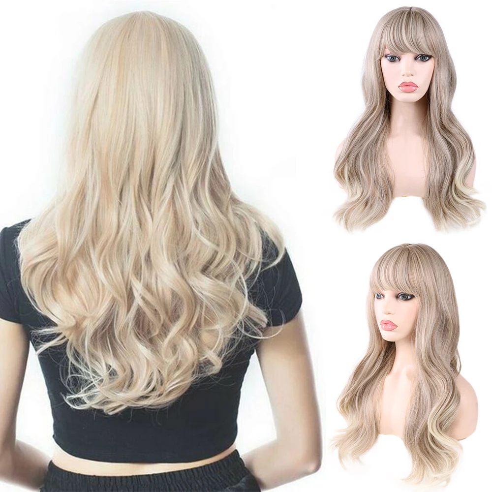 

Belle Show Synthetic Long Curly Wavy Wig with Bang Highlights Cosplay Synthetic Wigs Women Heat Resistant Middle Part