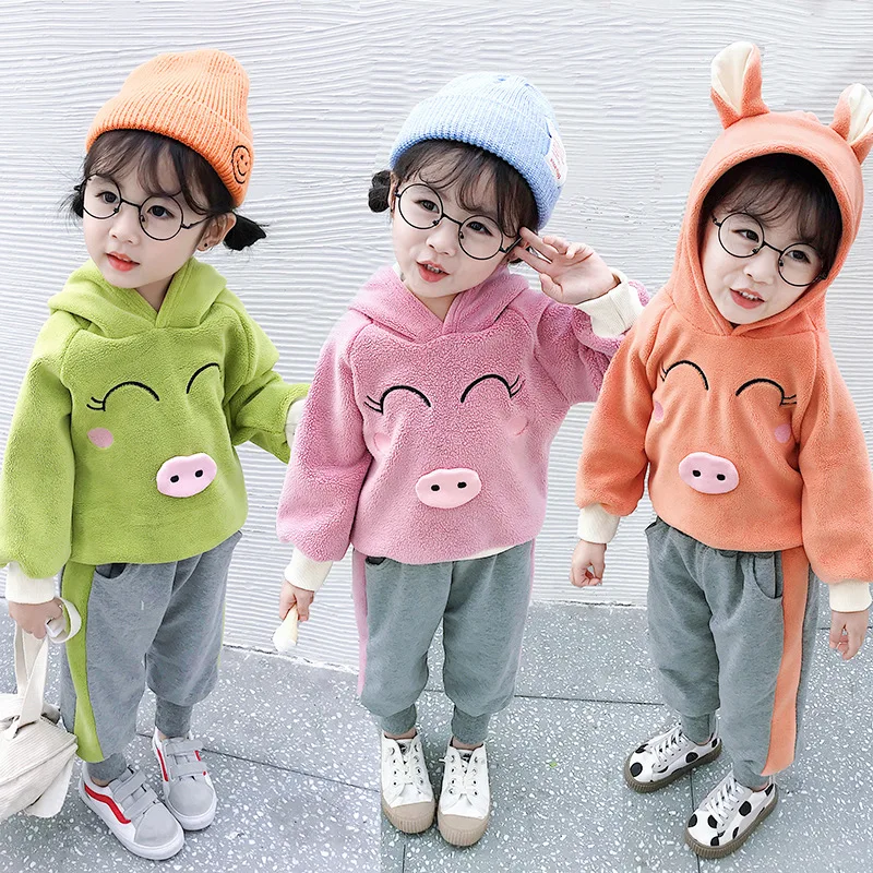 

0-6 Years Old Children's Clothing Autumn and Winter Baby Plus Velvet Suit Korean Version Girls Fleece-Lined Two-Piece Set