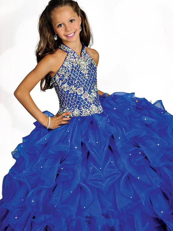 

Royal Blue Girls Pageant Dresses Ball Gown Organza Beaded Ruffles Crystals Long Flower Girl Dresses For Weddings Little Girls