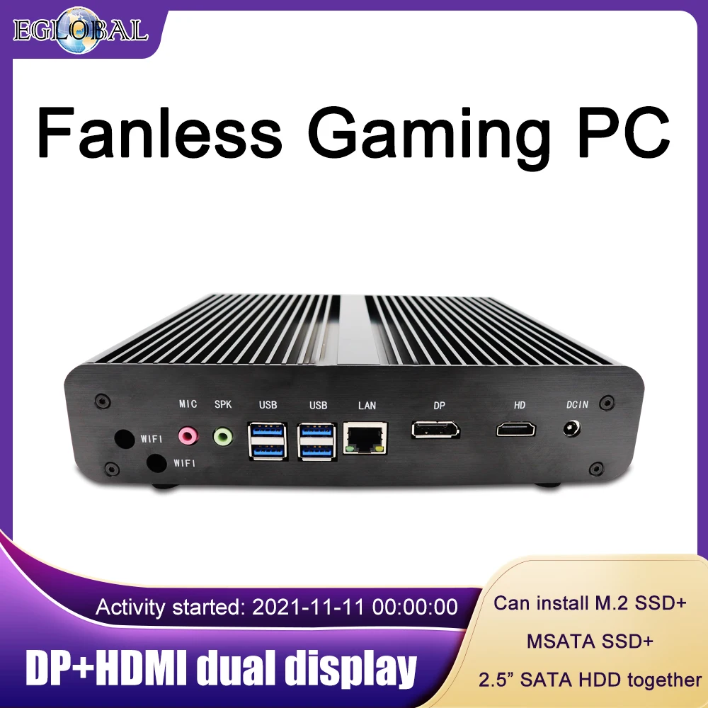 EGLOBAL Fanless Mini Computer Intel i7 10710U 10510U Desktop PC Windows 10 2*DDR4 M.2 NVMe+Msata+2.5SATA HTPC Nettop HDMI DP