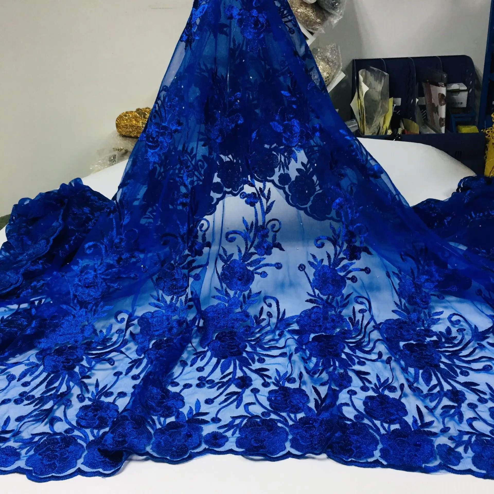 Good quality big pary polyester tulle net flower lace embroidered fabric lilac color - Цвет: 8