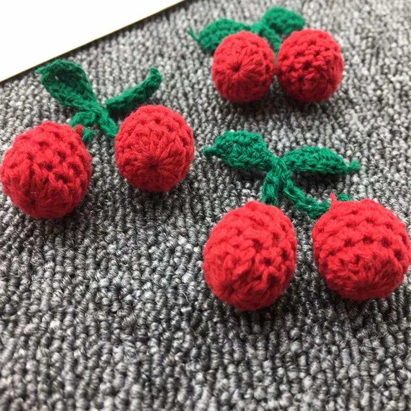 5Pcs Knitting Knitted Wool Green Leaf Cherry DIY Craft Girl Earrings Pendant Hair Accessories Hat Bag Key Ring Decor Materials