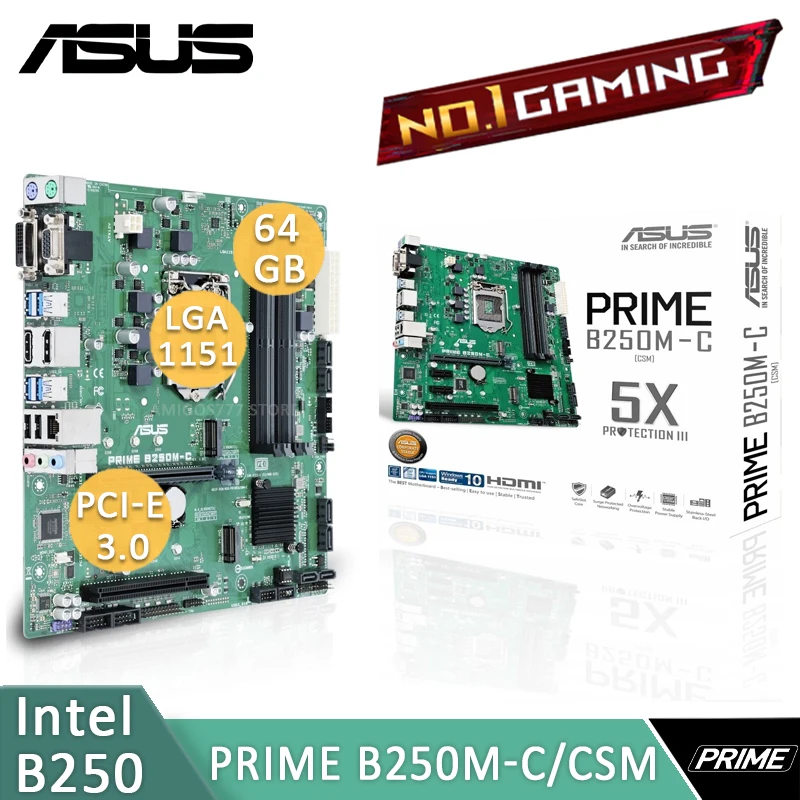 LGA 1151 Asus PRIME B250M C/CSM Motherboard Support Core i7 i5 i3 DDR4
