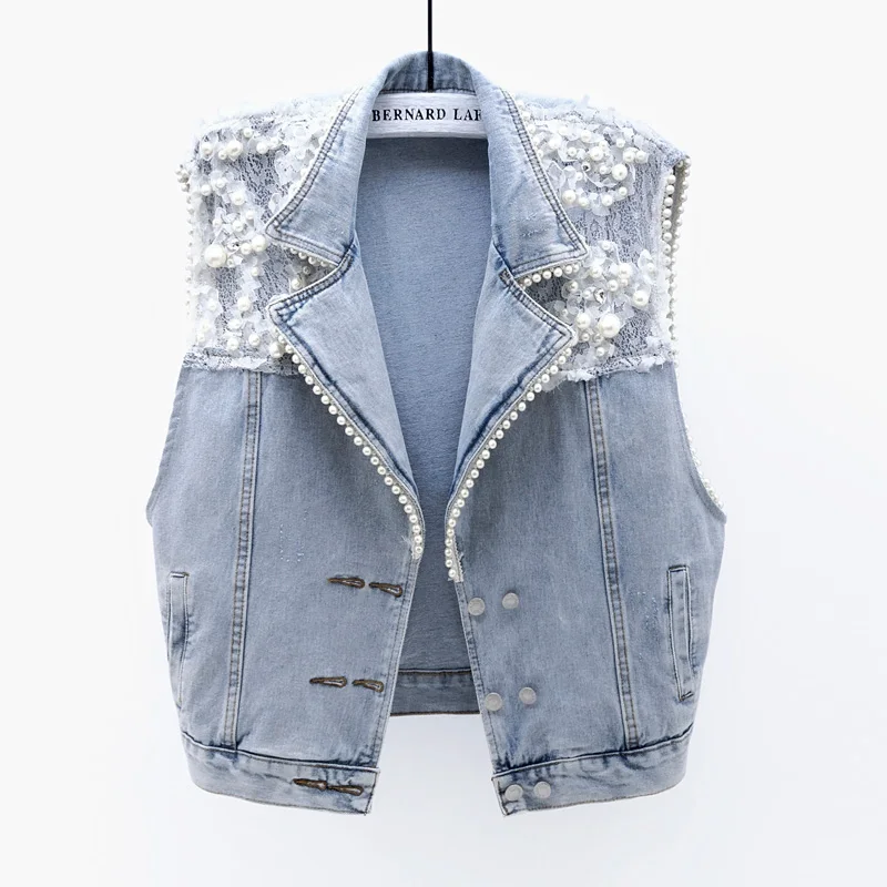 Модный короткий женский джинсовый жилет летний кружевной с бусинами и
