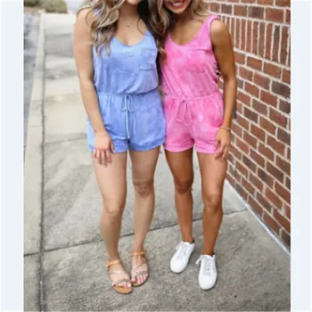 

Candy Color Graffiti U Neck Bodysuit Rompers Women 2020 Summer New Sleeveless Pockets Detail Belted Crop Jumpsuit Streetwear