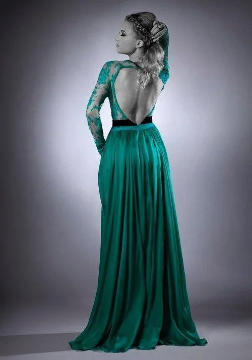 Летнее платье вечернее платье vestido de festa новое модное сексуальное зеленое кружевное вечернее платье с открытой спиной и длинным рукавом