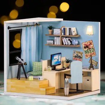 

DIY Wooden Doll House Kids Craft DIY House with Computer Telescope Model Miniature Furniture Dollhouse Doll Accessories