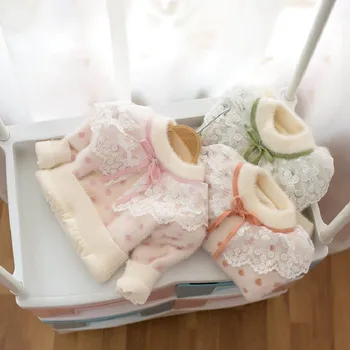 

Winter Warm Baby Girls Lace Collar Dot Print Knitwear Sweater Pullover Princess Thick Fleece Children Kids Knitted Sweaters