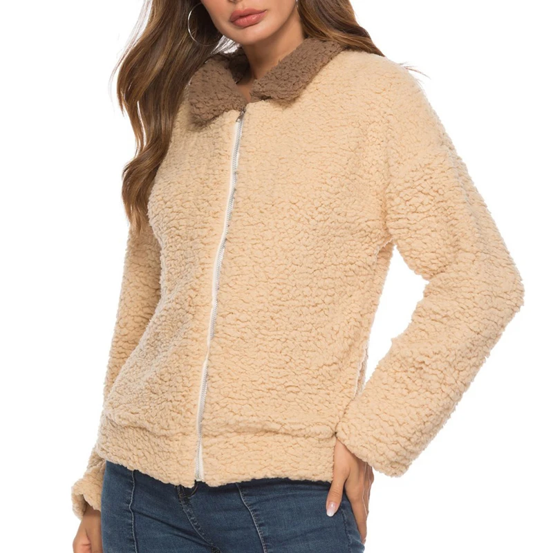 

Sfit Women Short jacket Lamb Wool Long Sleeve Outfit Zipper Coat Hooded Slim Coat Color matching Winter Warm Casual Outwear 2019