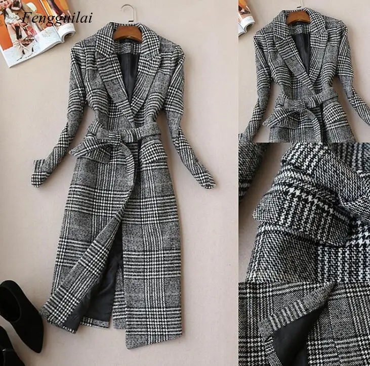 

Осенне-зимнее Новое модное женское серое шерстяное пальто в клетку с отложным воротником и высокой талией на шнуровке средней длины на пуговицах