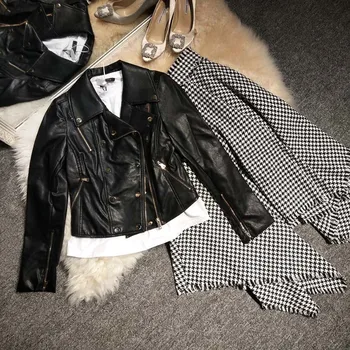 

New style suit autumn and winter style leather women s short thin Plaid half skirt two piece set