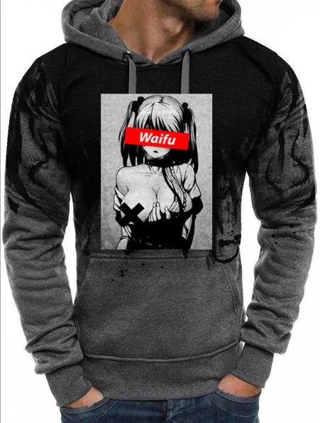 Waifu Material Otaku Lewd Hentai Cute Girl Anime Ahegao Hoodies for Men StreetWear Sweatshirts hfg - Color: Dark grey