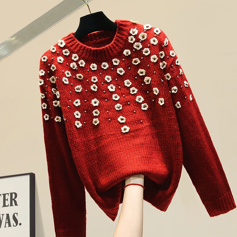 

Flowers Sweater Women Thickened Warm Sweaters Knitted Pullover Women Loose Bead Turtleneck Sweater Pull Coat Femme Red White
