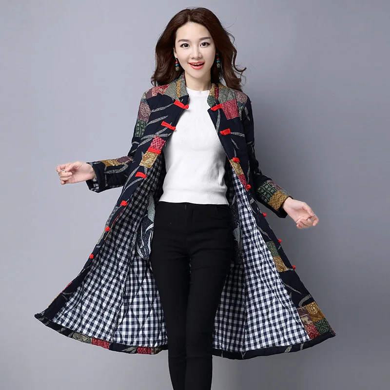 

2019 Autumn And Winter New Style Large Size Dress National Wind Frog Thick Quilted Mid-length Cotton Linen Coat Cotton-padded Cl